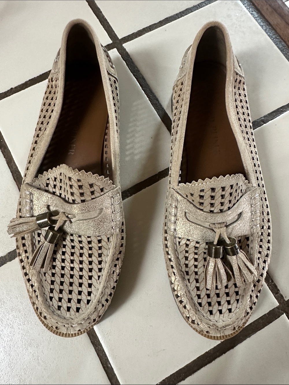 Donald J. Pliner Metallic Beige Woven Tassel Loafers